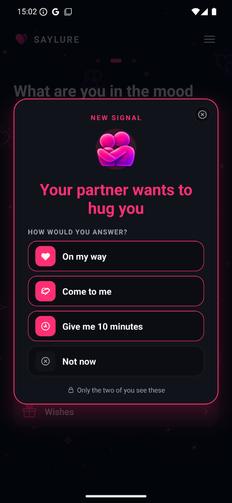 SAYLURE app: an incoming signal saying a partner wants a hug, with four ways to answer.
