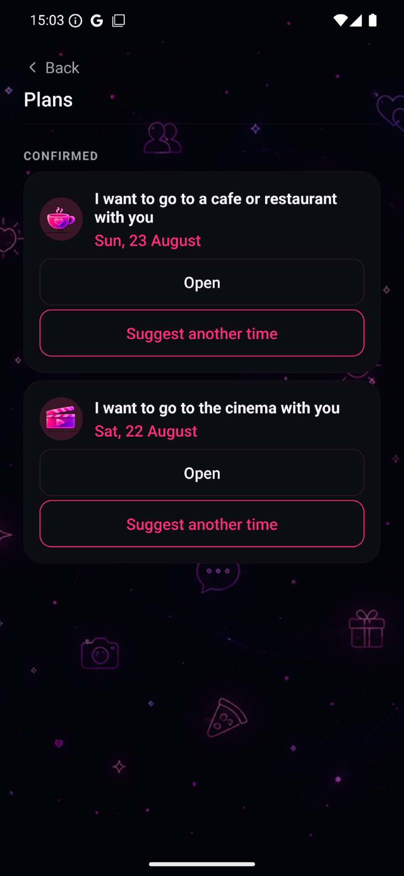 SAYLURE app: the Plans screen with confirmed plans.