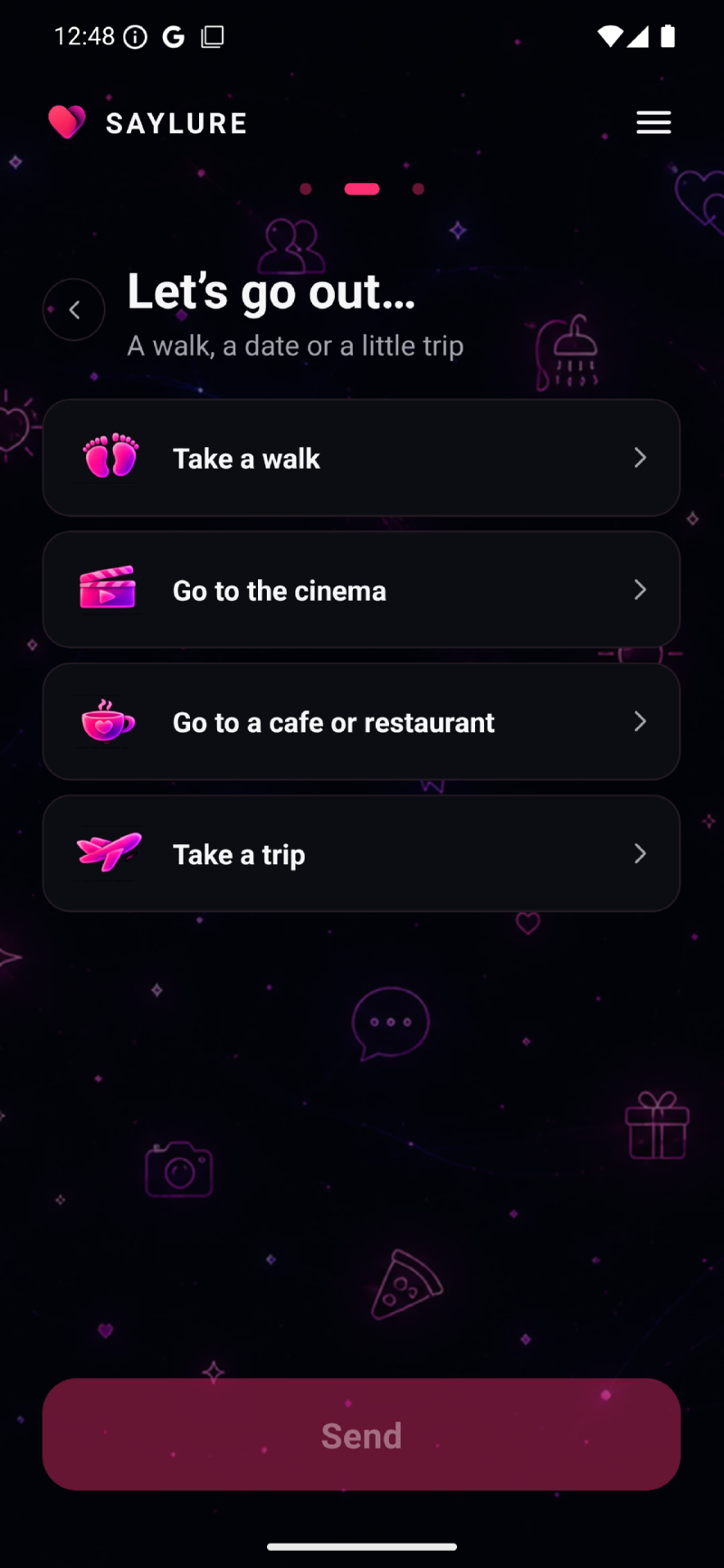 SAYLURE app: choosing an outing signal — a walk, the cinema, a cafe or restaurant, or a trip.