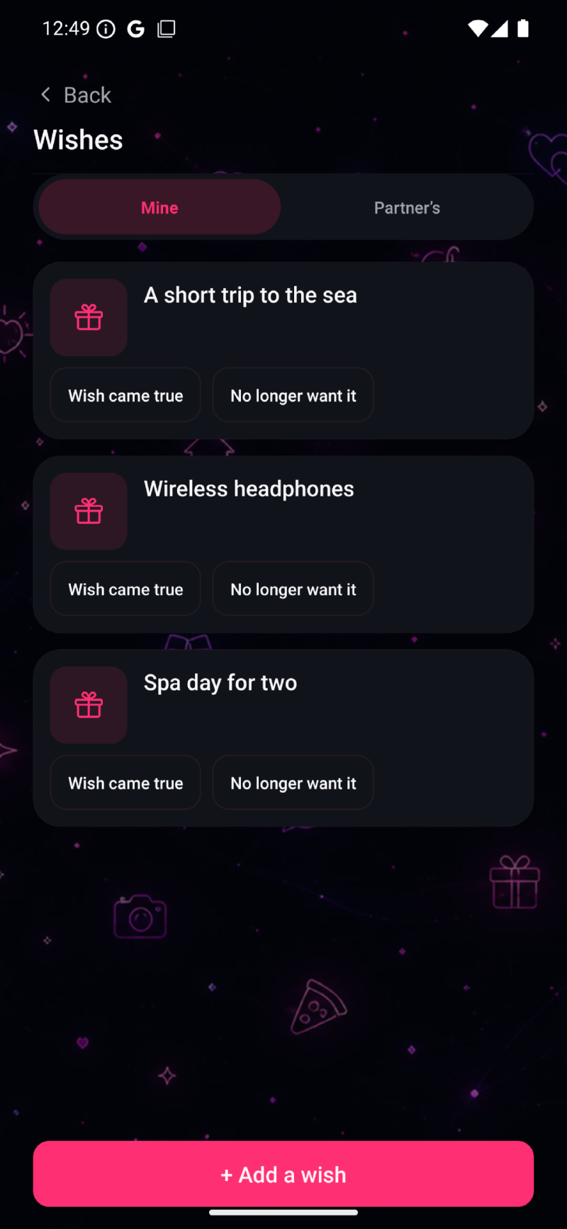 SAYLURE app: the Wishes list with small things the two of you would like.