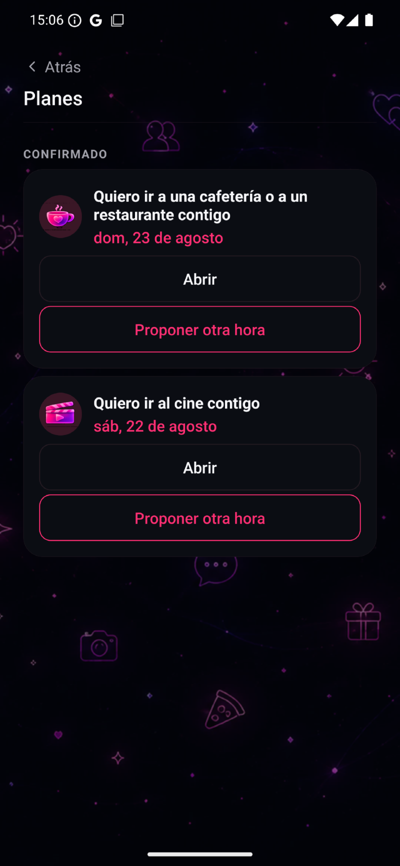 App SAYLURE: la pantalla Planes con los planes confirmados.
