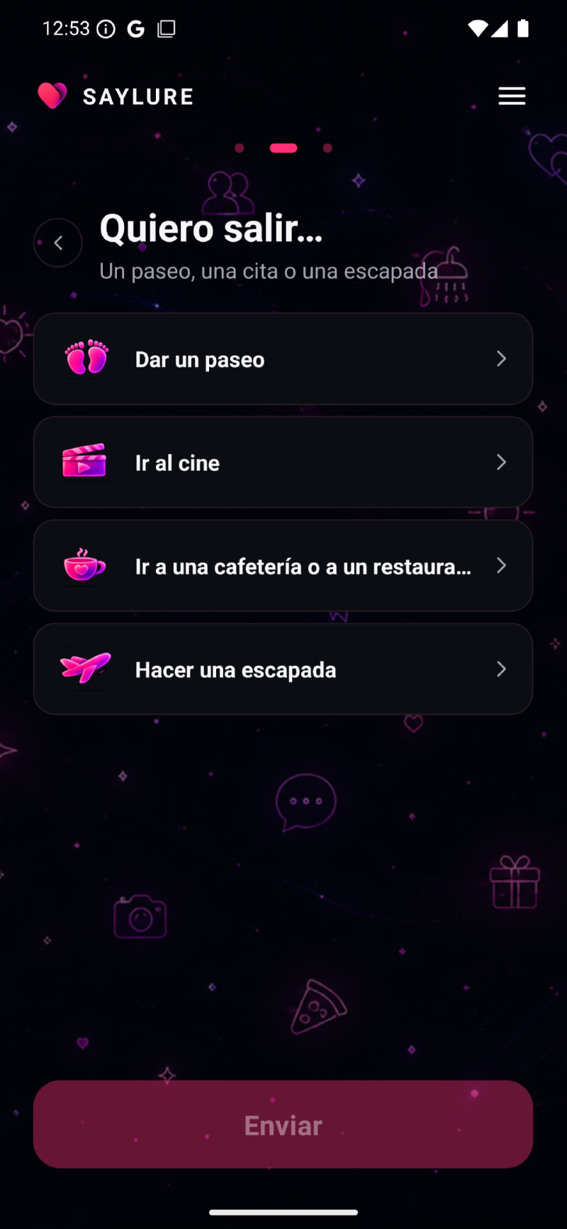 App SAYLURE: eligiendo una señal para salir — un paseo, el cine, una cafetería o restaurante, un viaje.