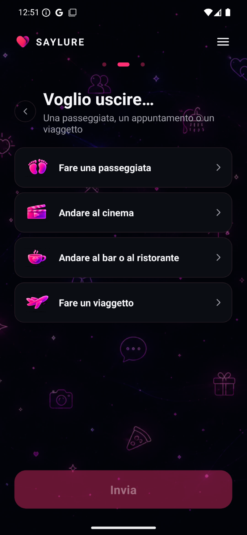 App SAYLURE: scelta di un segnale per uscire — una passeggiata, il cinema, un bar o ristorante, un viaggio.
