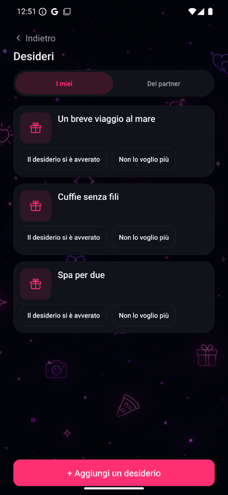 App SAYLURE: la lista Desideri con le piccole cose che vorreste voi due.